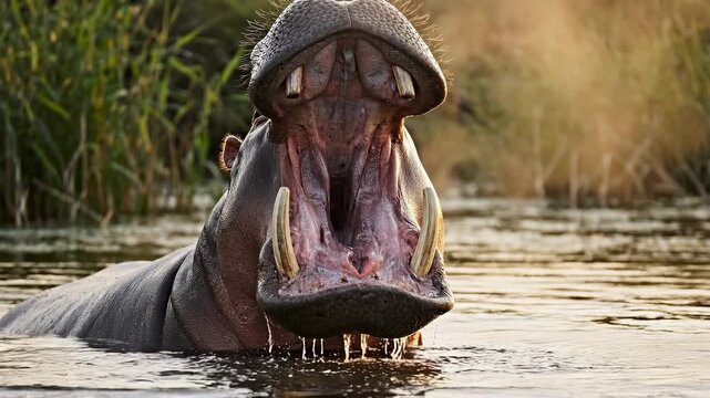 A hippopotamus with its mouth open in water.