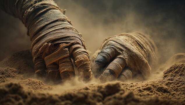 Mummified hands emerge from dusty earth, ancient resurrection, decay