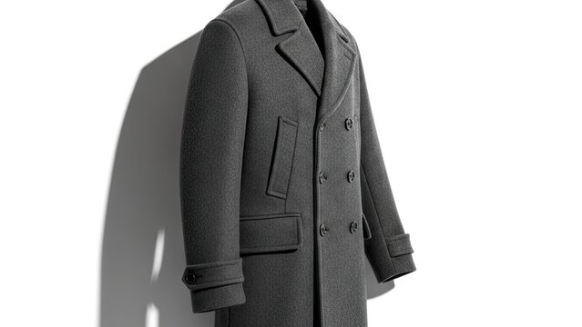 Dark gray woolen winter coat with double breasted buttons and lapel collar on white background