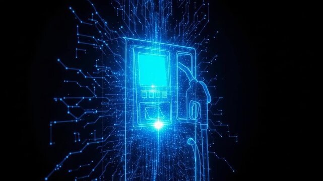 Glowing Digital Fuel Pump With Circuit Board Lines In Front Of Dark Background Technology Advancements In The Energy Sector Used For Stock Photos