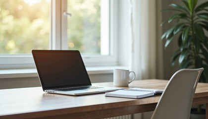 Fototapeta premium Minimalist workspace with laptop, notebook, and coffee cup in natural light
