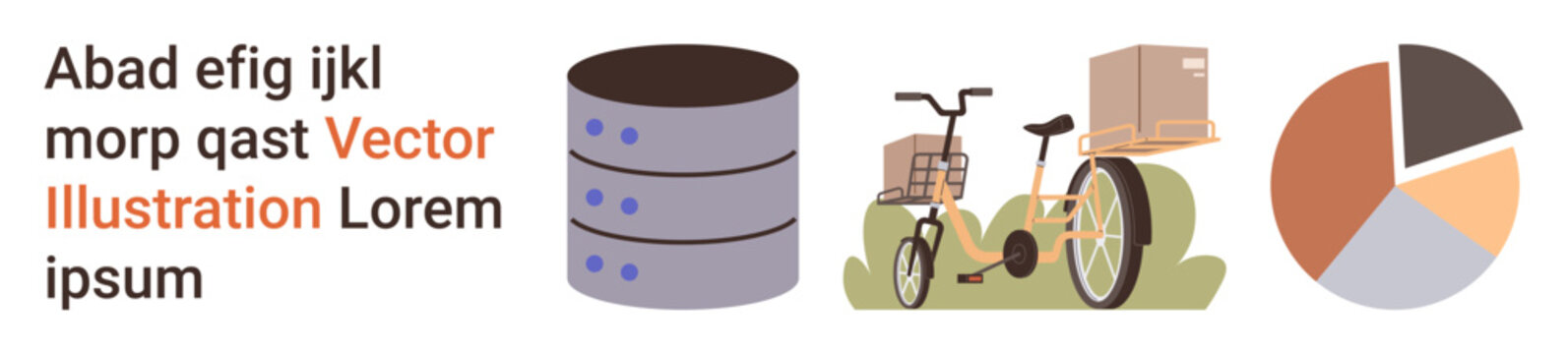 E-commerce, logistics, data storage, analytics, delivery services, business planning. Data storage symbol, cargo bike and pie chart graphic. E-commerce and logistics