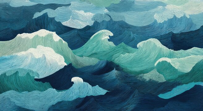 Turbulent ocean waves crash in varying shades of blue, white, and green