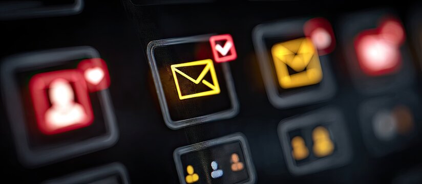 Glowing email and notification icons on a dark digital interface