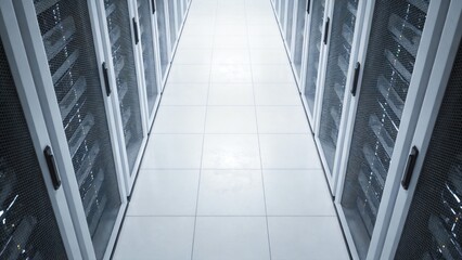 Obraz premium Empty server room aisle aerial view minimalist
