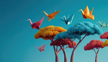 Obraz premium Colorful paper cranes ascend above vibrant, whimsical trees against a clear sky