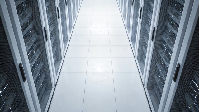 Empty server room aisle aerial view minimalist