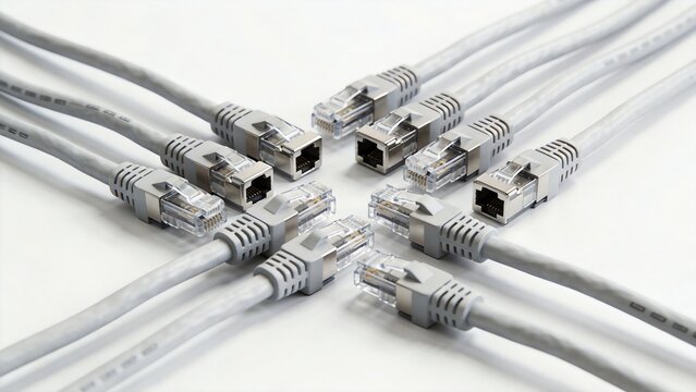 Top-down view of organized network cables and ports