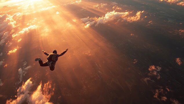 Solitary freefall under dramatic sunbeams and clouds