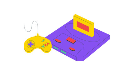 Retro y2k joystick sticker in flat style. Yellow game console with videogame controller and cassette, gamepad design for vintage video entertainment and electronic device icon. © Moonnoon