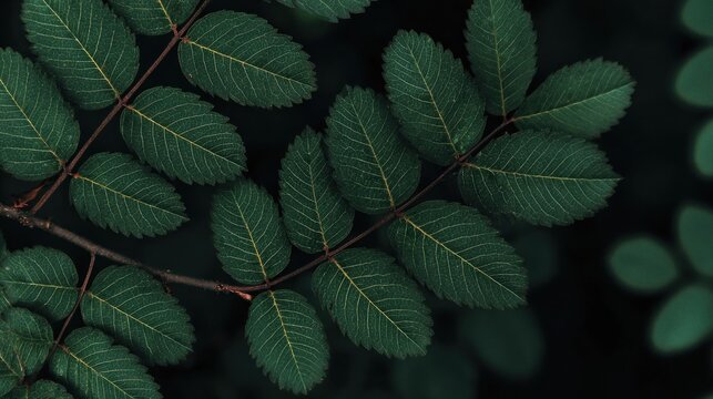 Deep green compound foliage displays prominent venation against a dark background