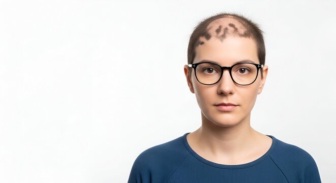Young Woman with Alopecia Areata Patchy Hair Loss Wearing Glasses on White Background Medical Hair Condition Concept