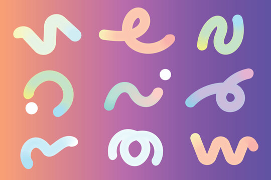 グラデーションのチューブ・モール状の線の波線やらせんなどの抽象的な形のセット