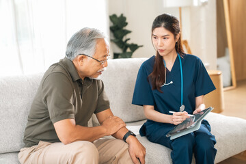Fototapeta premium Mental health with caregiver, elderly man and nurse discussing care on sofa in bright living room