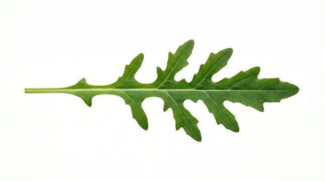Single fresh arugula leaf isolated on white background. Copy space for text.