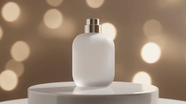 Close up modern fragrance bottle with sculptural form displayed on minimalist pedestal against softly defocused neutral background
