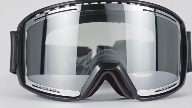 Professional Black Ski Goggles with Mirrored Silver Lens Reflecting Mountains Isolated on White Background for Winter Sports Gear and Snowboarding Accessories
