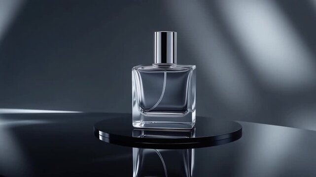 Close up transparent fragrance vessel with metallic lid positioned on glossy dark plane before smooth tonal transition backdrop