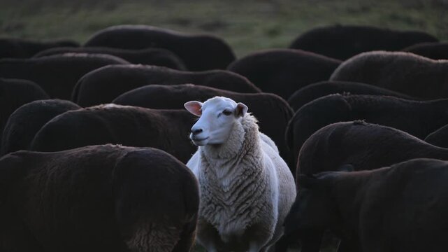 Single white sheep standing out in a large flock of black sheep on a farm pasture representing individuality and uniqueness business concept
