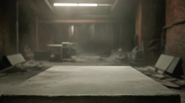 Close up rough concrete tabletop inside an industrial workspace with low illumination, suspended mist, and background tools creating gritty depth