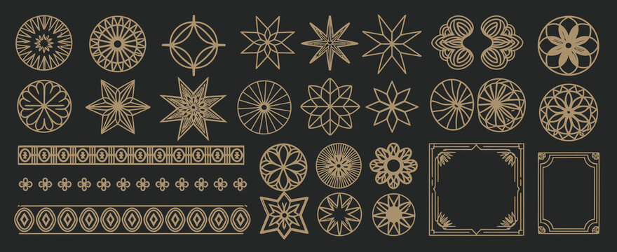Set of decorative geometric elements, mandala patterns, and vintage frames