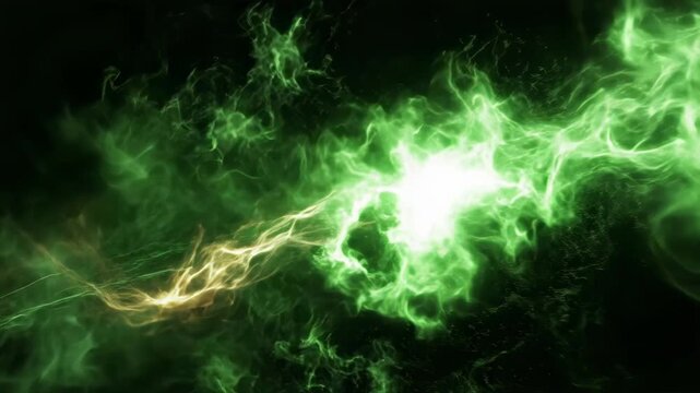 Green magical energy blast or fire trail with wispy smoke effects isolated on black background ethereal green flame or plasma stream moving across dark space