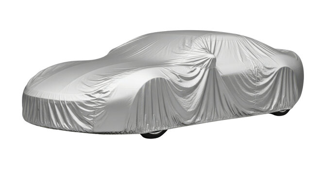 Silver car covered with protective fabric on black background vehicle protection