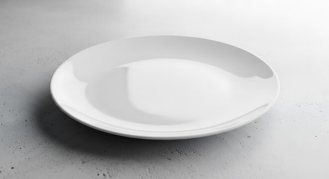 Empty white ceramic plate on grey concrete background