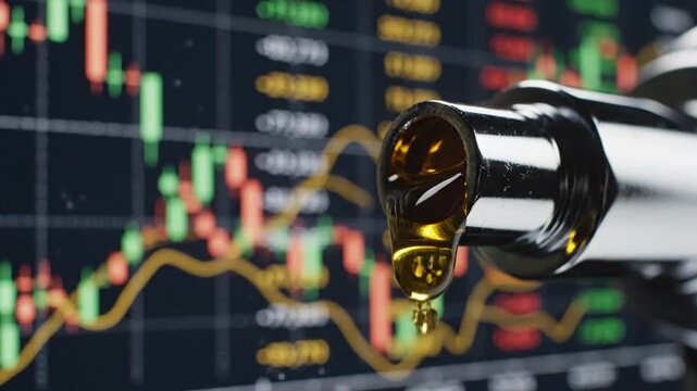 Macro detail of fuel nozzle dripping golden liquid droplets against a bokeh background of financial market charts symbolizing economic prosperity and energy sector growth trends.