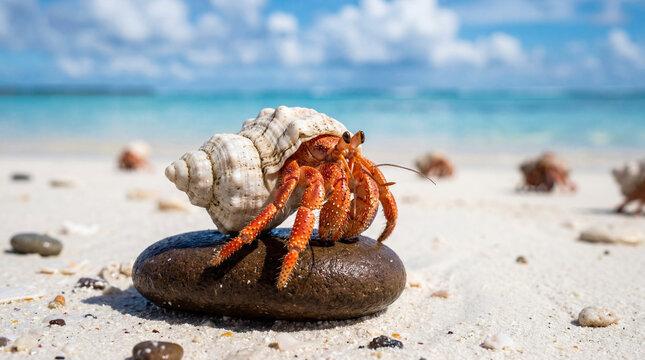 Macro photography of a vibrant red hermit crab in a white shell on a tropical shore