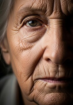 A dramatic close-up showing weathered skin and deep wrinkles under harsh lighting, capturing the silent passing of time and heavy memories, deep, vintage, maturity