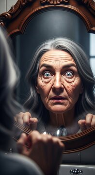 A dramatic reflection in a bathroom mirror shows a shocking transformation with deep wrinkles and grey hair, capturing intense surprise, maturity, looking, mirror