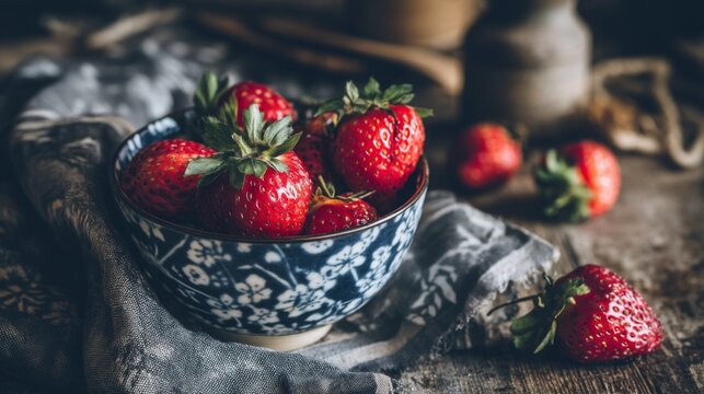 Fresh Strawberries in a Decorative Bowl on a Rustic Table Cloth Surrounded by Juicy Fruits and Vintage Kitchen Utensils in a Natural Light Setting