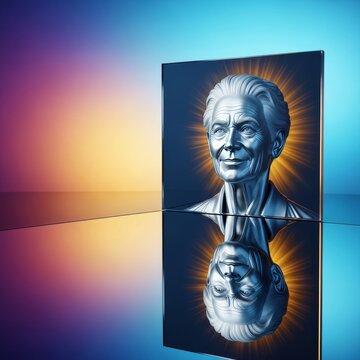 A glass surface reveals a future version with silver tones and an expression of pride, symbolizing wisdom and success through reflection, confidence, tones, close-up