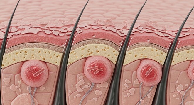 Medical illustration of skin layers with a close-up of a pimple forming under the skin, 3d render, educational visual