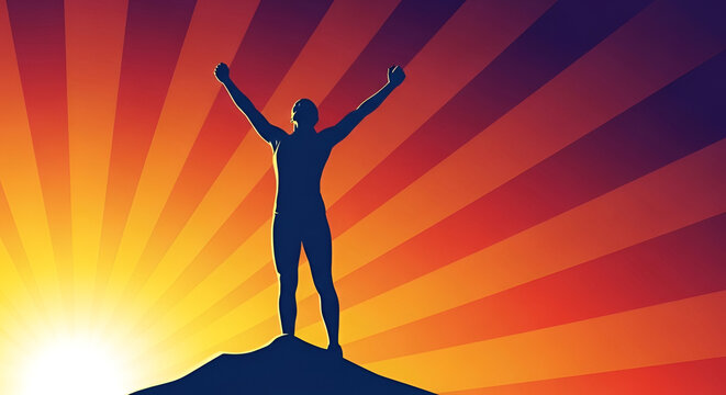 Victory silhouette athlete raising arms at sunrise with dramatic sky backdrop