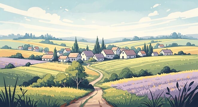 Serene countryside landscape with rural village.