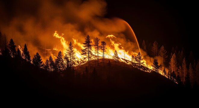 Wildfire burning on a hillside at night.
