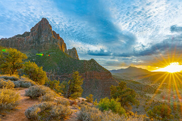 Stunning golden sunset with sunburst rays illuminating red rock mountains and desert vegetation in Zion National Park. © ZL Visuals