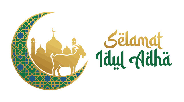 Selamat Idul Adha with Camel and Golden Mosque Silhouette
