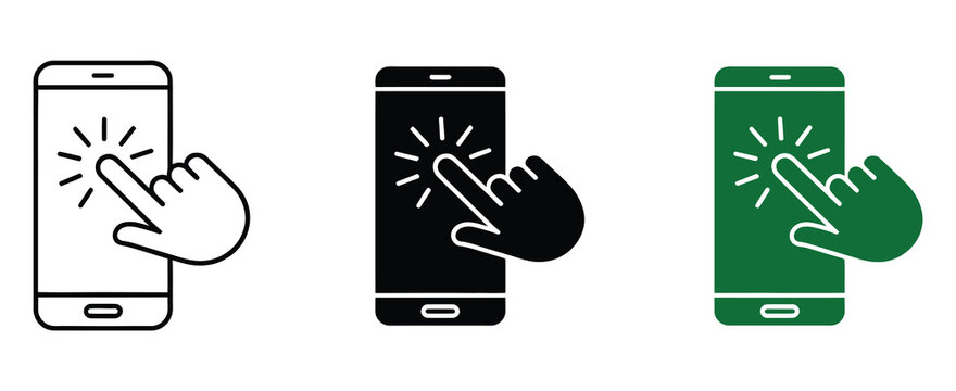 Smartphone screen with hand cursor tap gesture icon set vector on white background, modern UI illustration ideal for mobile apps, user interaction, and digital onboarding design