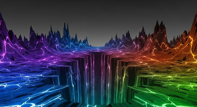 A surreal infinite abyss where linear perspective warps and stretches, creating a disorienting vision of bending light and spatial flux, distortion, chaos, fluid