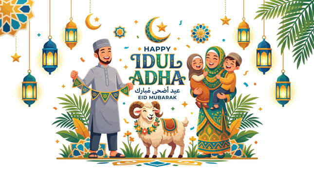 Happy Idul Adha Muslim Kids with Sheep and Mosque