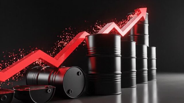 Set of black fuel drums arranged in an ascending stack with a glowing red three-dimensional arrow chart indicating a rising market price trend and economic inflation for energy commodities.