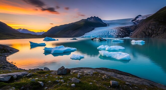 Glacier lake sunset mountains icebergs