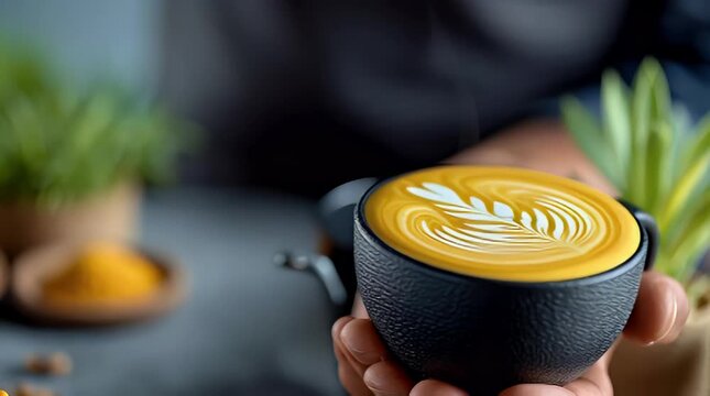 Skilled barista pours steamed milk into a ceramic latte cup creating intricate latte art a close-up showcasing coffee craftsmanship and the beauty of specialty beverages