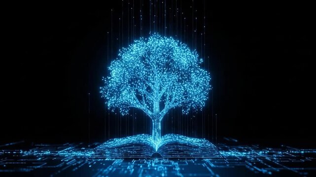 Glowing Digital Tree Emerging From Open Book On Circuit Board In Dark Background Technology Knowledge Future For Innovation Educational Concepts