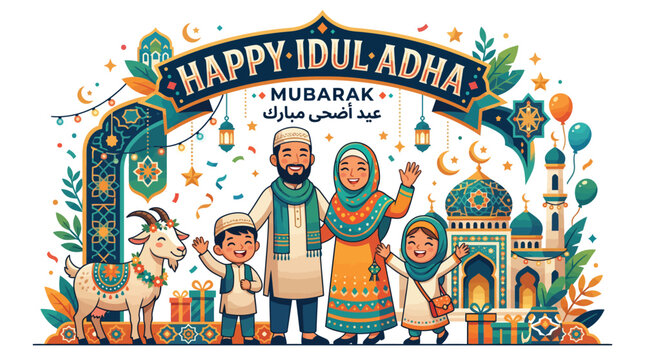 Happy Idul Adha Mubarak Muslim Family with Mosque