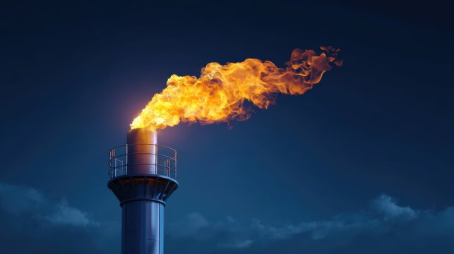 A tall industrial flare stack emits a large, bright flame against a dark blue evening sky.