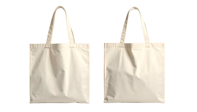 Two natural color blank tote bags shown side by side on a dark backdrop